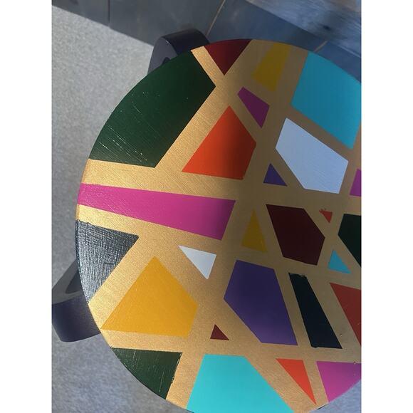 Hand painted Side Table Multicolor Navy Blue Legs Gold Geometric Unique Colorful - Picture 4 of 11